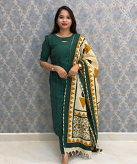 Dark Green Premium Handloom Raw Silk 3 Piece Salwar Set with Lining / HL040