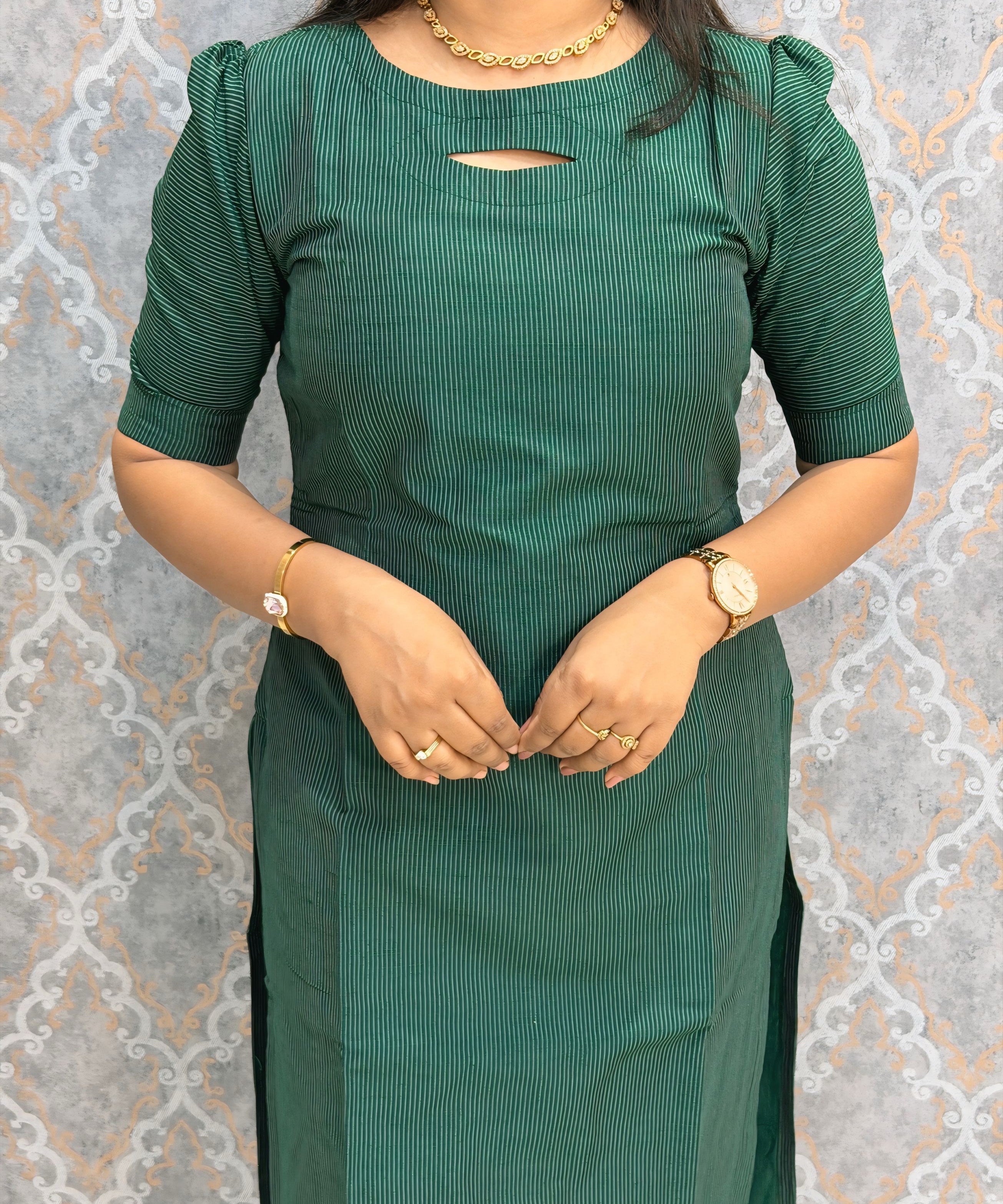 Dark Green Premium Handloom Raw Silk 3 Piece Salwar Set with Lining / HL040