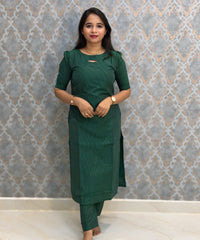 Dark Green Premium Handloom Raw Silk 3 Piece Salwar Set with Lining / HL040