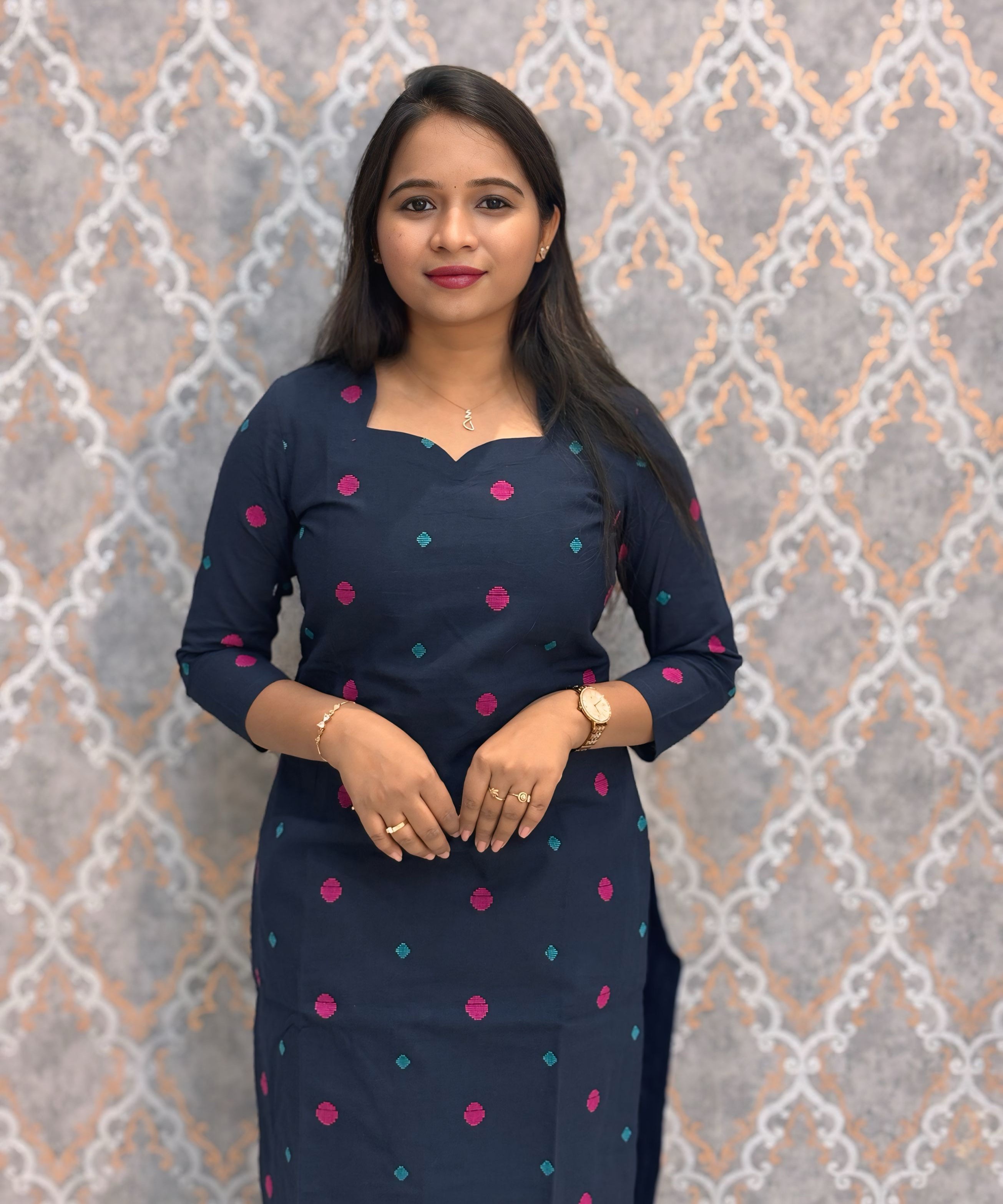 Dark Navy Blue and Sea Blue Premium Handloom Cotton 3 Piece Salwar Set / HL004