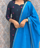 Dark Navy Blue and Sea Blue Premium Handloom Cotton 3 Piece Salwar Set / HL004