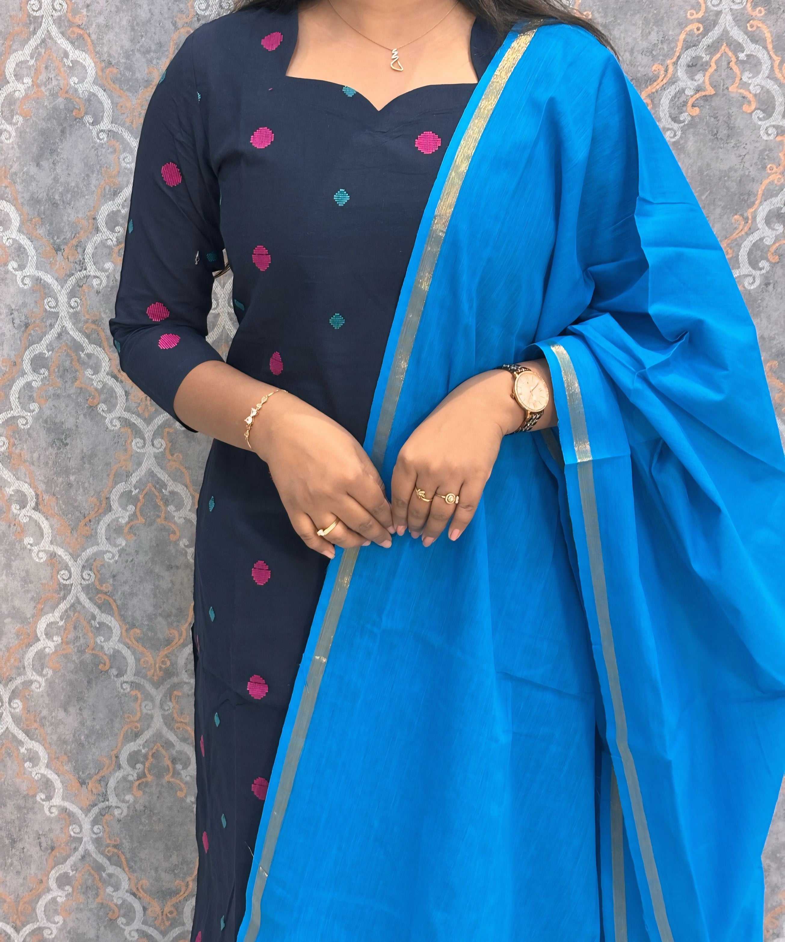 Dark Navy Blue and Sea Blue Premium Handloom Cotton 3 Piece Salwar Set / HL004