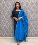 Dark Navy Blue and Sea Blue Premium Handloom Cotton 3 Piece Salwar Set / HL004