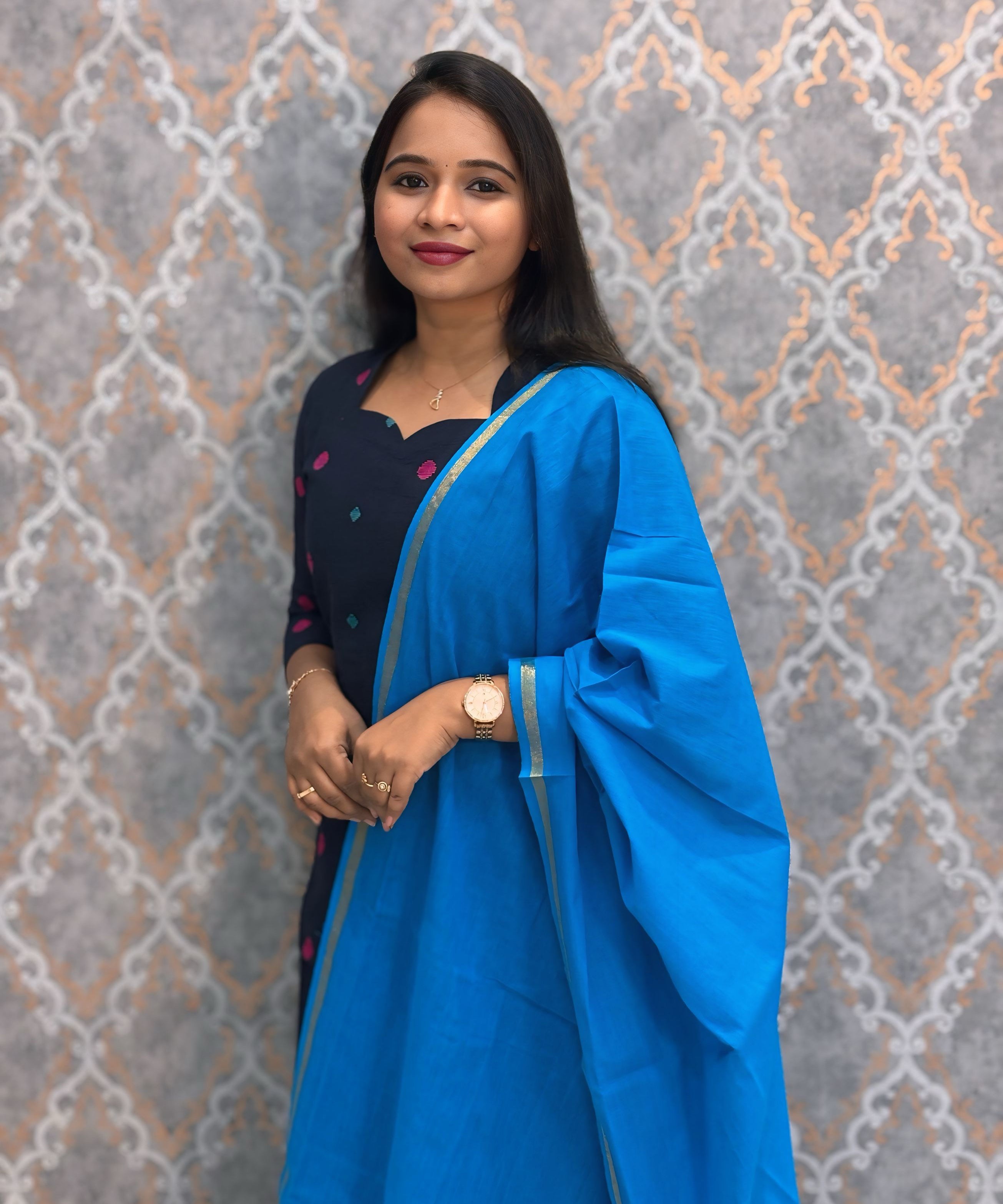 Dark Navy Blue and Sea Blue Premium Handloom Cotton 3 Piece Salwar Set / HL004