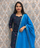 Dark Navy Blue and Sea Blue Premium Handloom Cotton 3 Piece Salwar Set / HL004