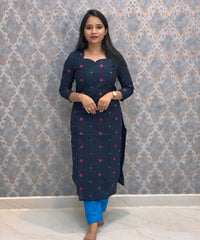 Dark Navy Blue and Sea Blue Premium Handloom Cotton 3 Piece Salwar Set / HL004