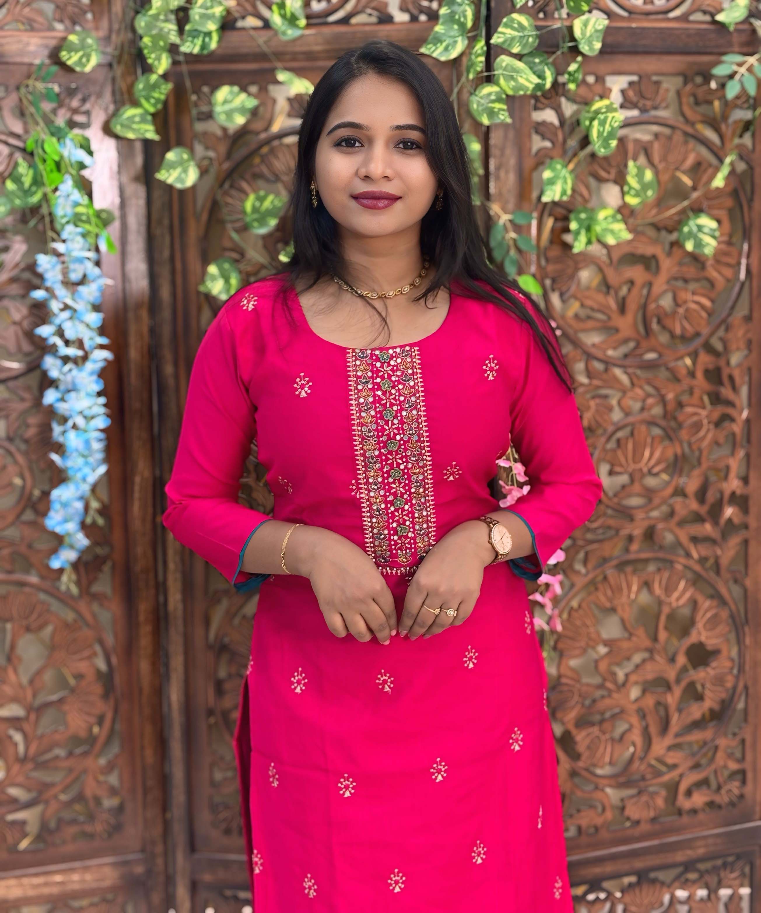 Dark Pink and Green Color Premium 3 Piece Salwar Set with Printed Banarasi Dupatta / ESS361