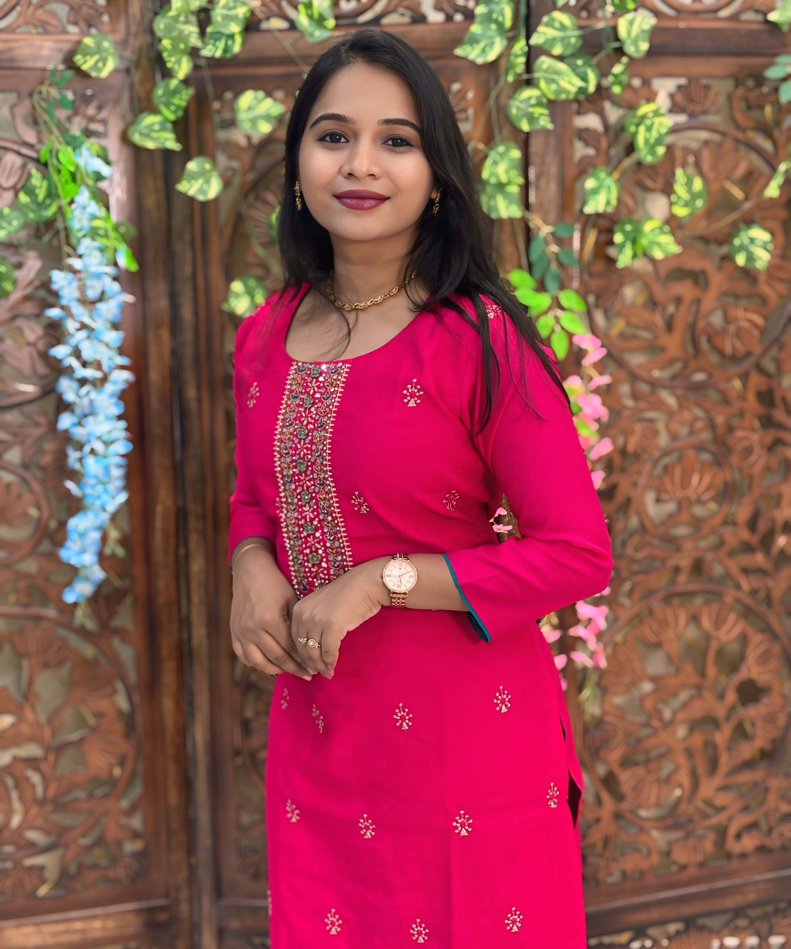 Dark Pink and Green Color Premium 3 Piece Salwar Set with Printed Banarasi Dupatta / ESS361