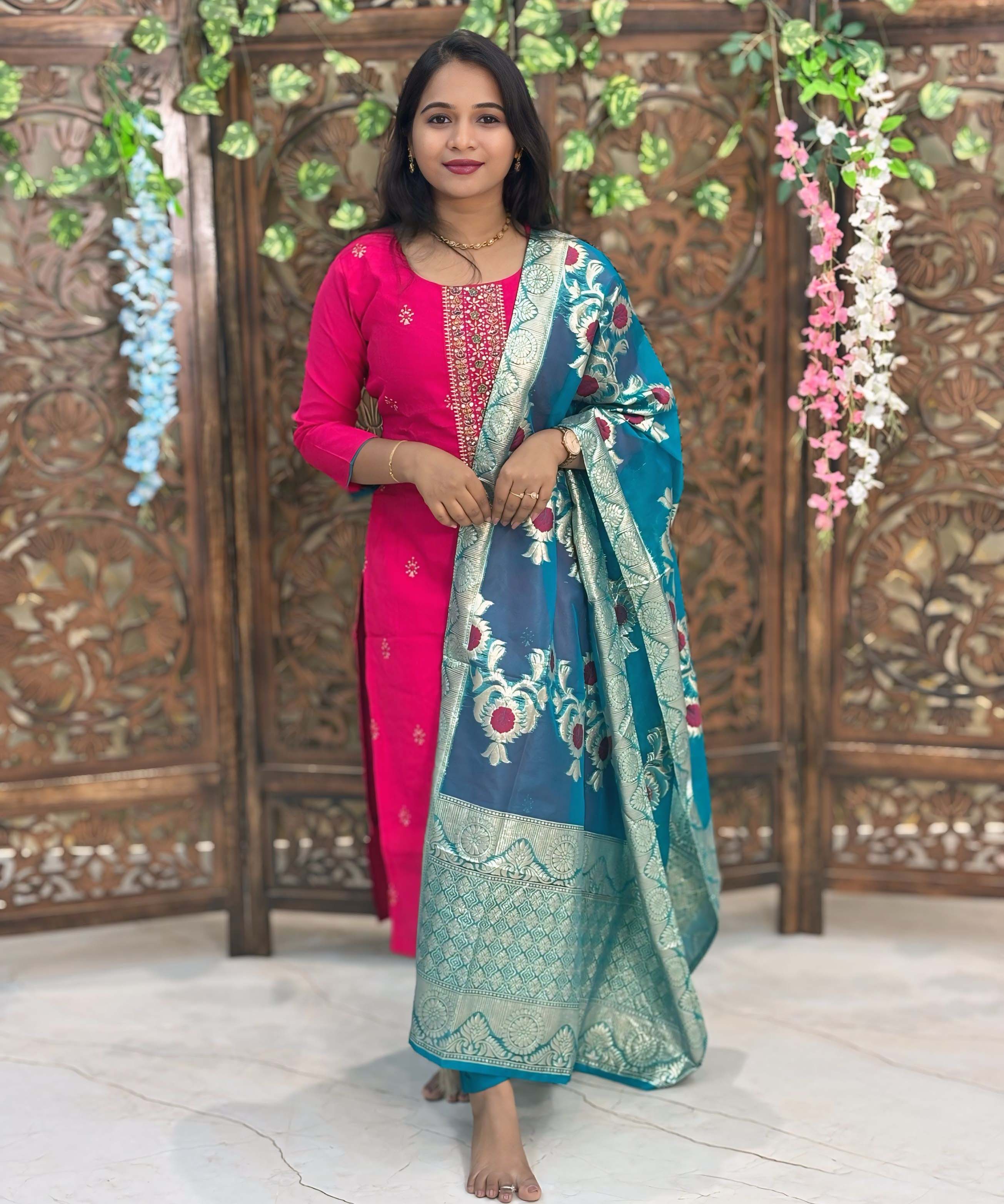 Dark Pink and Green Color Premium 3 Piece Salwar Set with Printed Banarasi Dupatta / ESS361