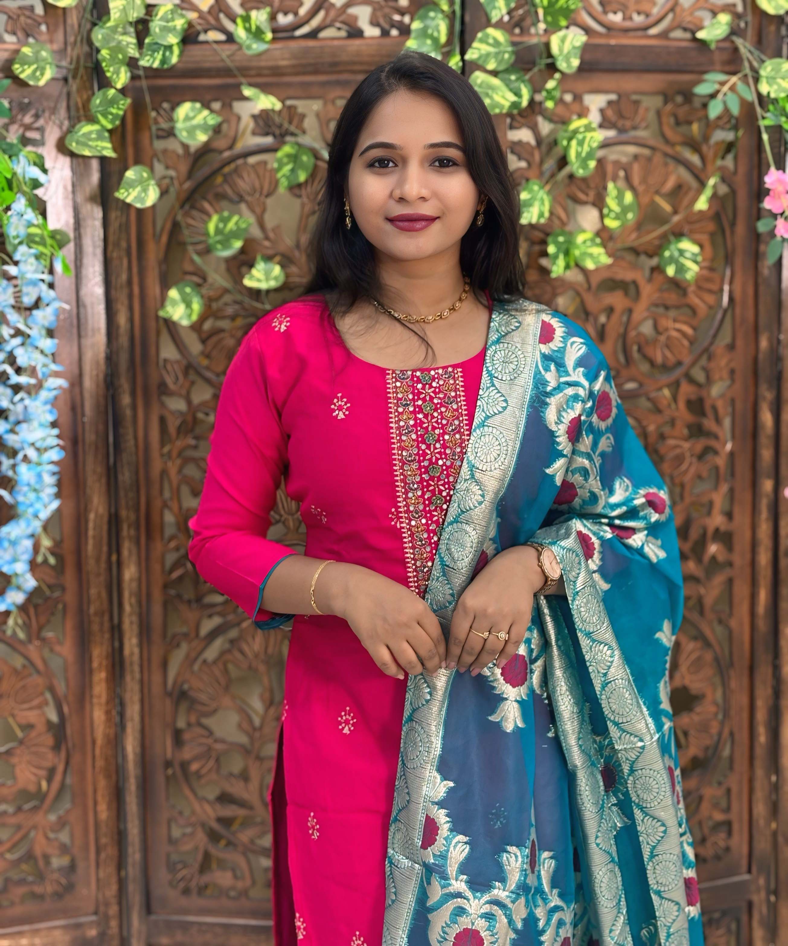 Dark Pink and Green Color Premium 3 Piece Salwar Set with Printed Banarasi Dupatta / ESS361