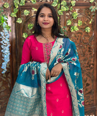 Dark Pink and Green Color Premium 3 Piece Salwar Set with Printed Banarasi Dupatta / ESS361