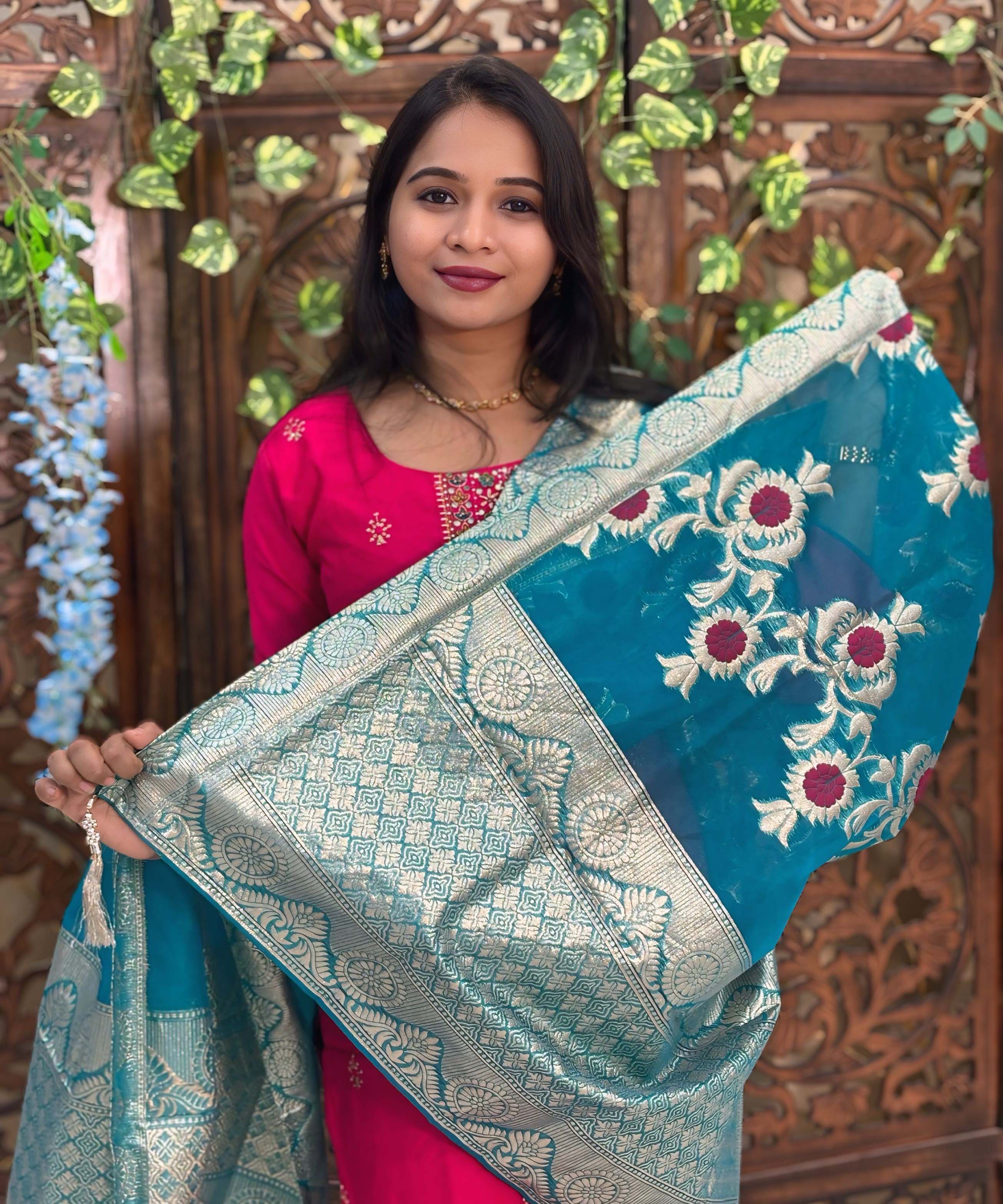 Dark Pink and Green Color Premium 3 Piece Salwar Set with Printed Banarasi Dupatta / ESS361