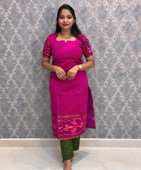 Dark Pink and Green Premium Handloom Poochampally Sico Silk 3 Piece Salwar Set / HL003