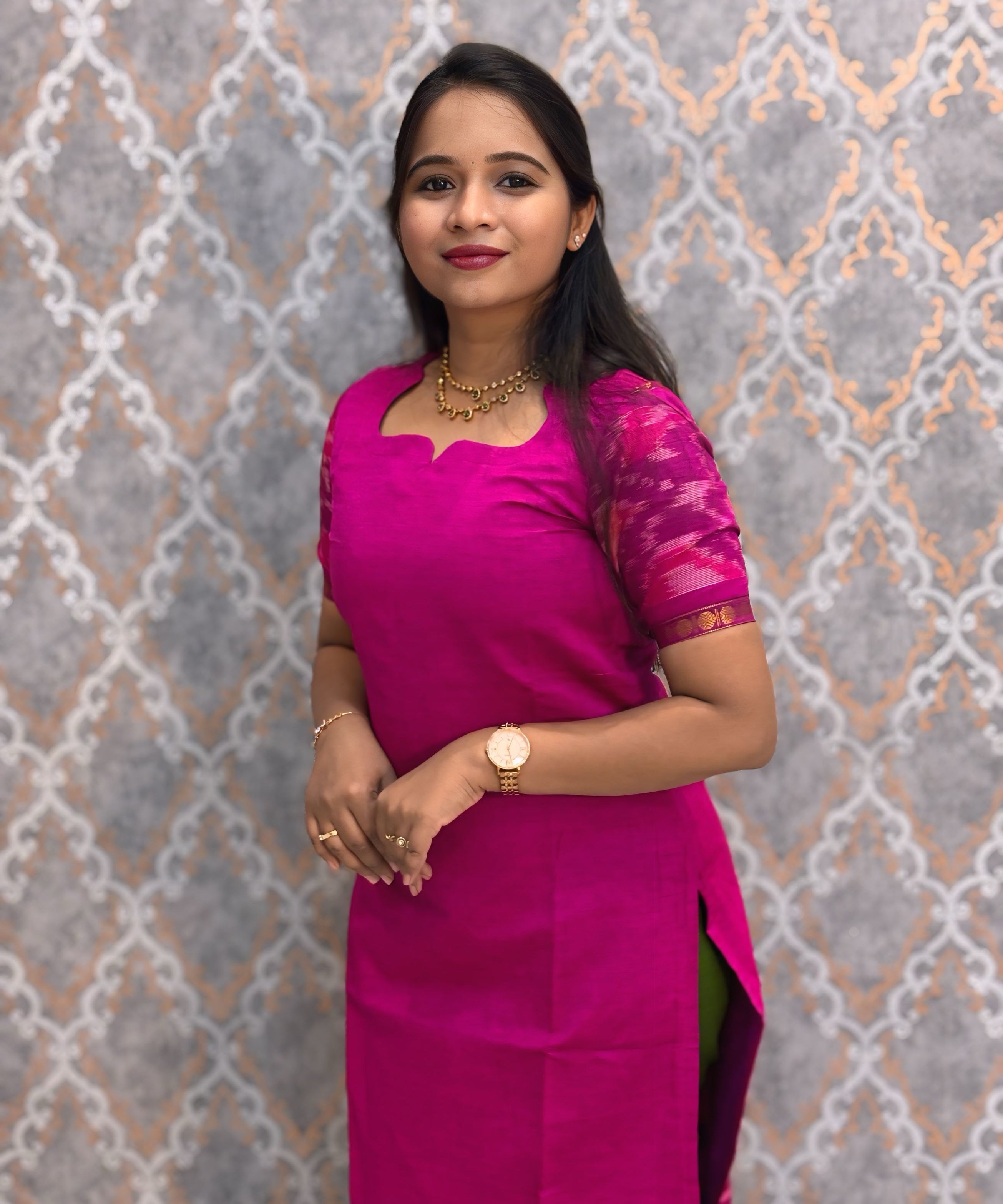 Dark Pink and Green Premium Handloom Poochampally Sico Silk 3 Piece Salwar Set / HL003