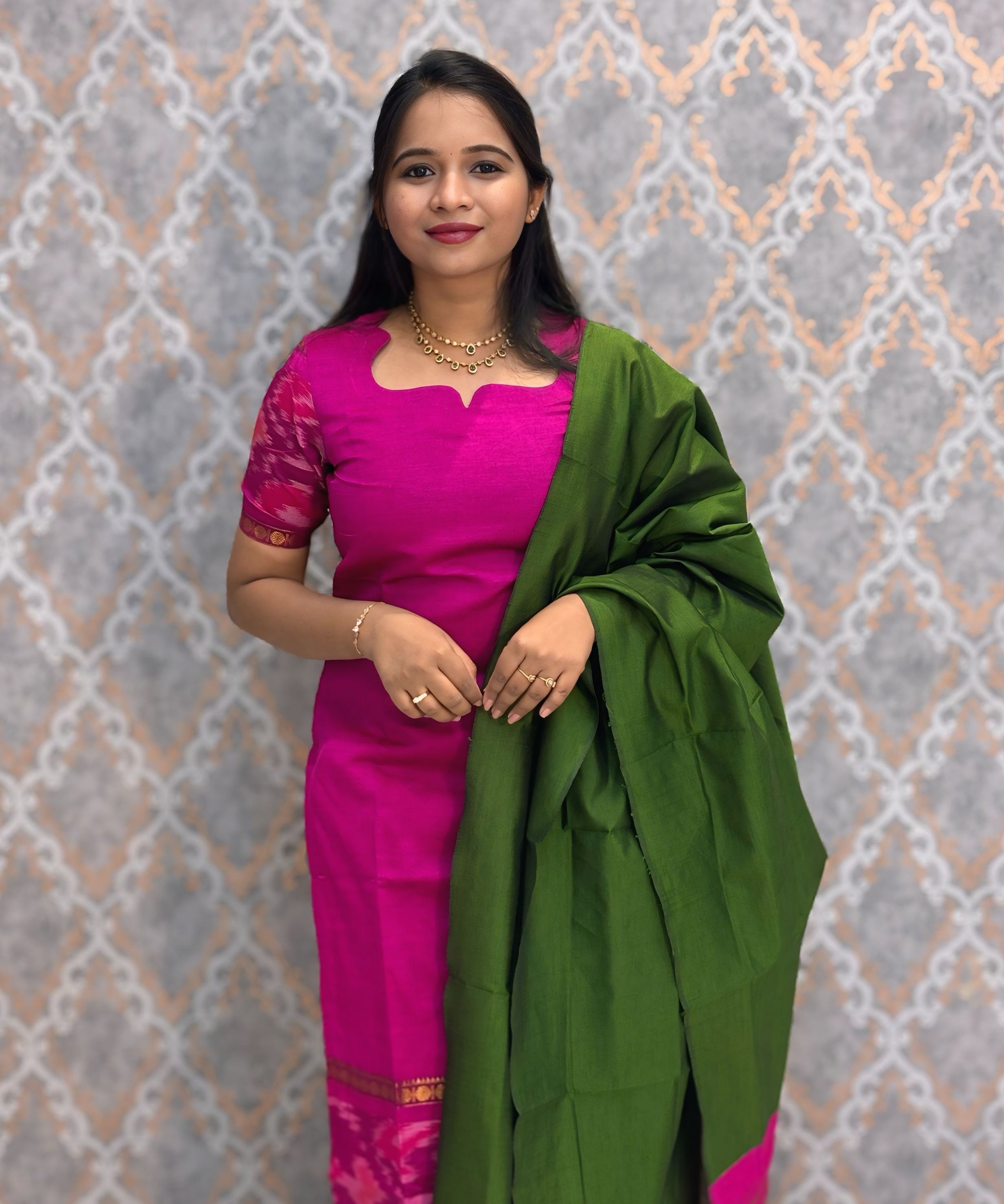 Dark Pink and Green Premium Handloom Poochampally Sico Silk 3 Piece Salwar Set / HL003