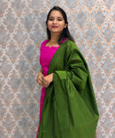 Dark Pink and Green Premium Handloom Poochampally Sico Silk 3 Piece Salwar Set / HL003