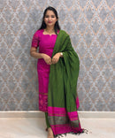 Dark Pink and Green Premium Handloom Poochampally Sico Silk 3 Piece Salwar Set / HL003