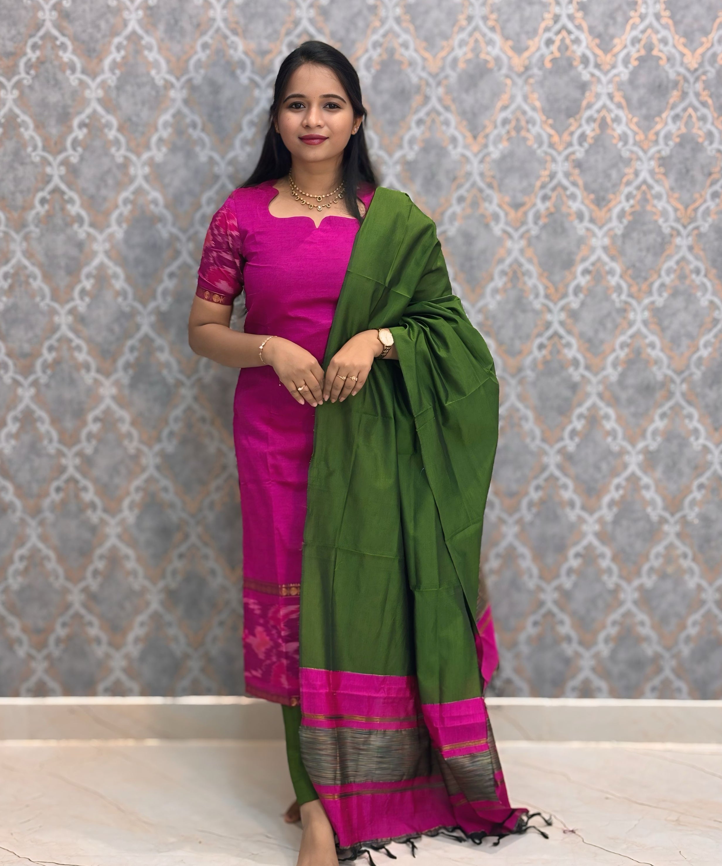 Dark Pink and Green Premium Handloom Poochampally Sico Silk 3 Piece Salwar Set / HL003