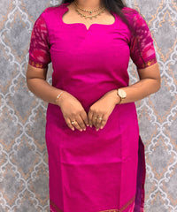 Dark Pink and Green Premium Handloom Poochampally Sico Silk 3 Piece Salwar Set / HL003