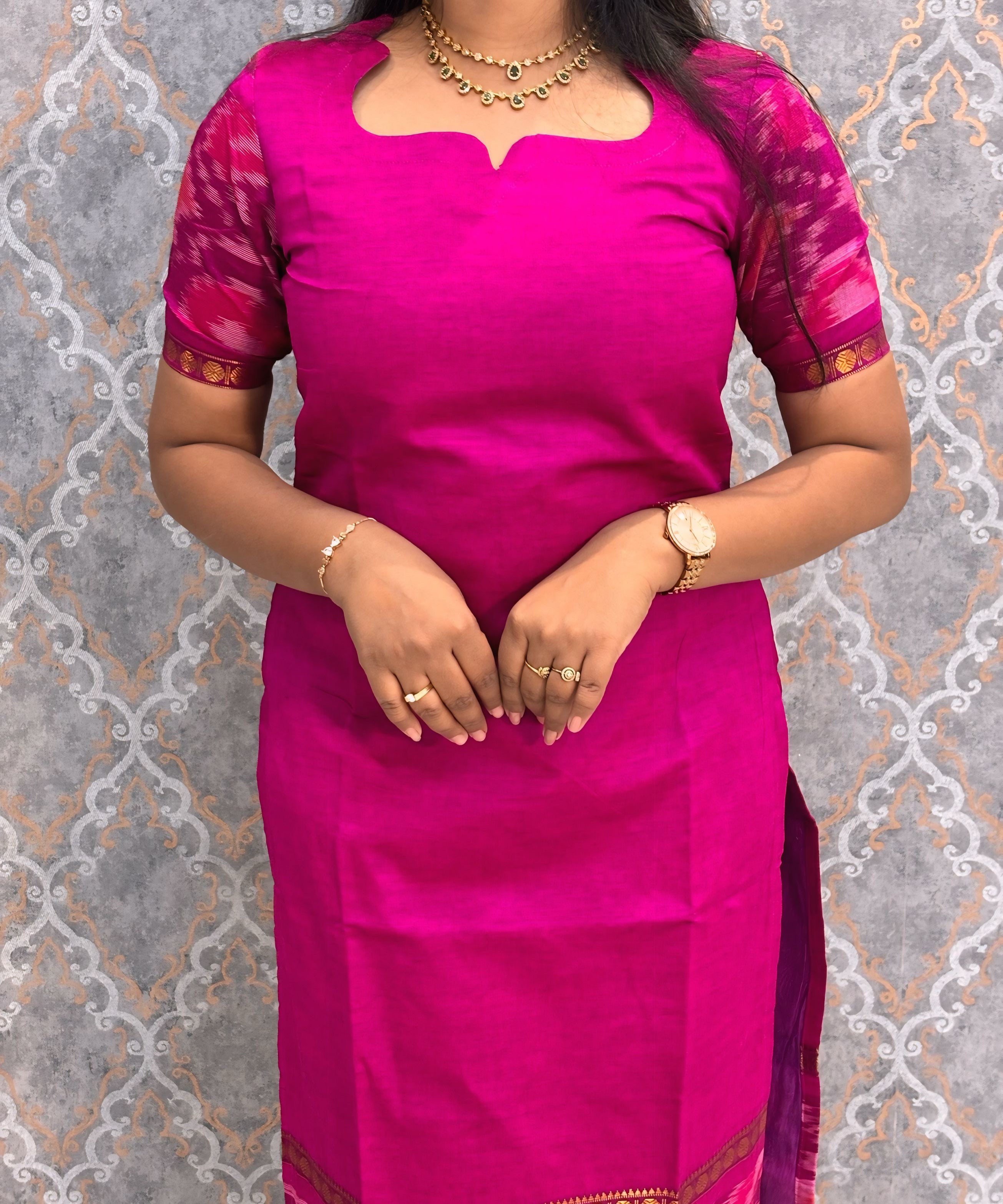 Dark Pink and Green Premium Handloom Poochampally Sico Silk 3 Piece Salwar Set / HL003