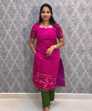 Dark Pink and Green Premium Handloom Poochampally Sico Silk 3 Piece Salwar Set / HL003