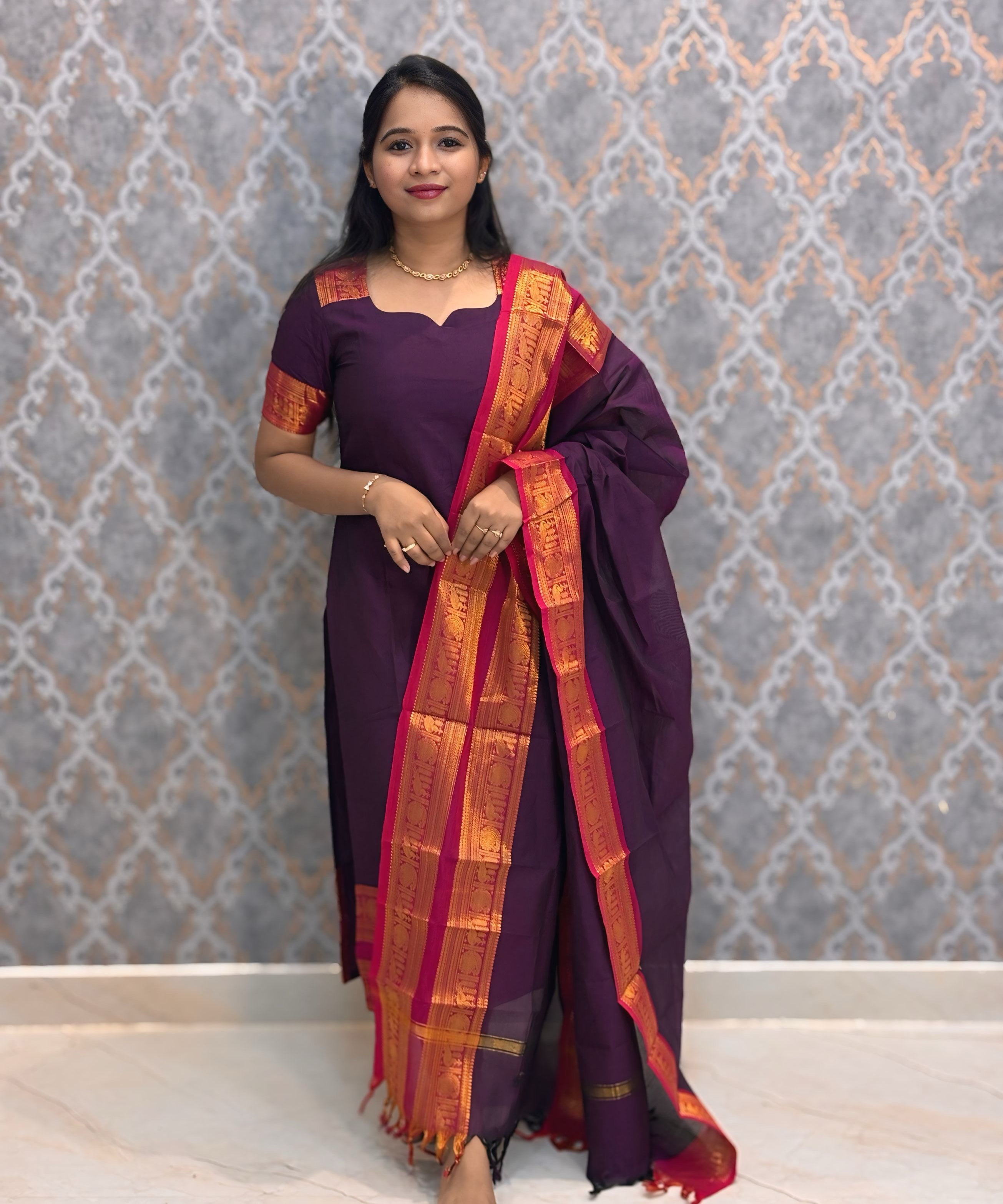 Dark Purple Premium Kanchi Cotton 2 Piece Kurti and Dupatta / HL002