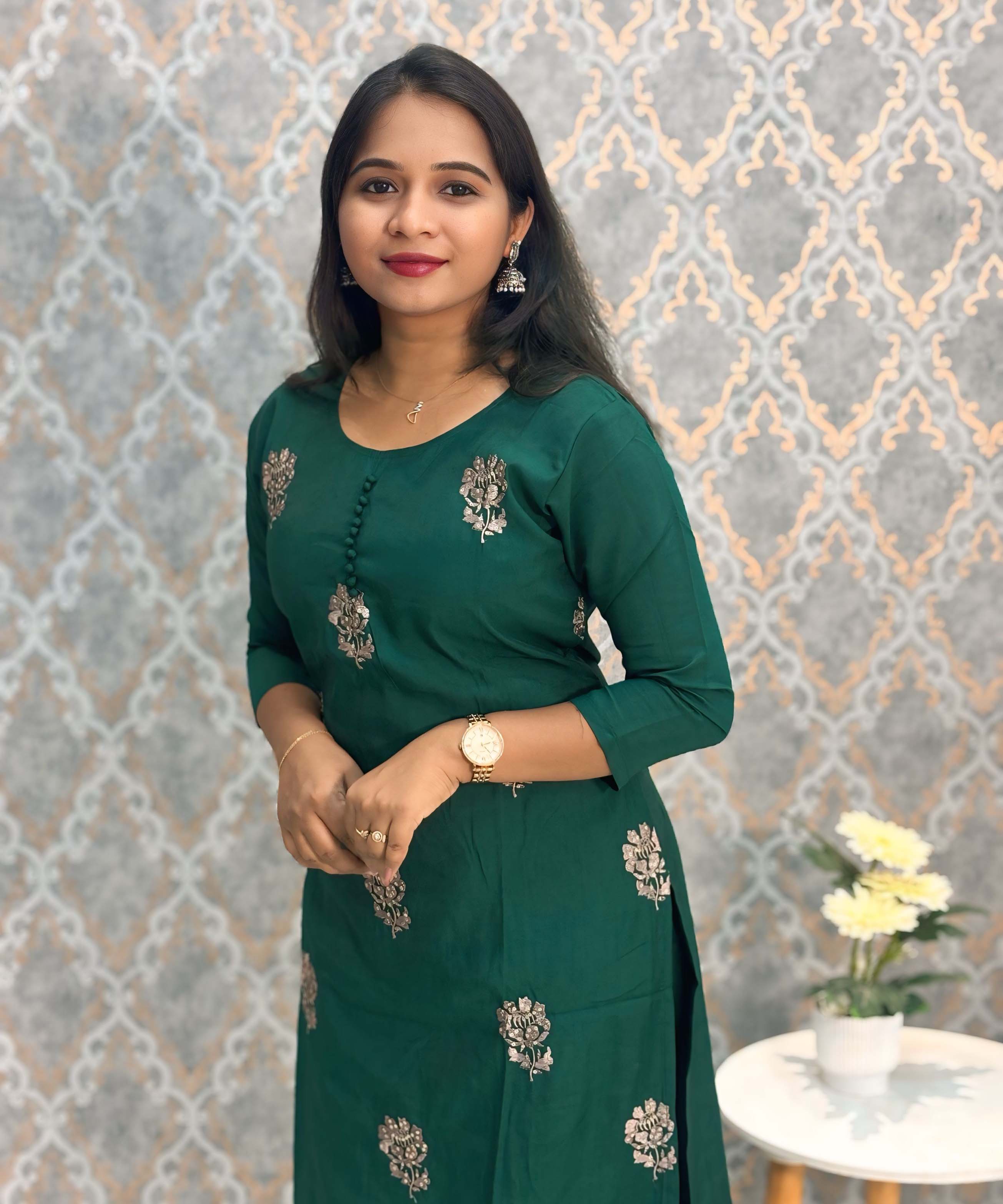 Deep Bottle Green and Beige Color with Floral Embroidery 3 Piece Salwar Set / ESS343