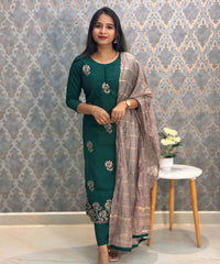 Deep Bottle Green and Beige Color with Floral Embroidery 3 Piece Salwar Set / ESS343