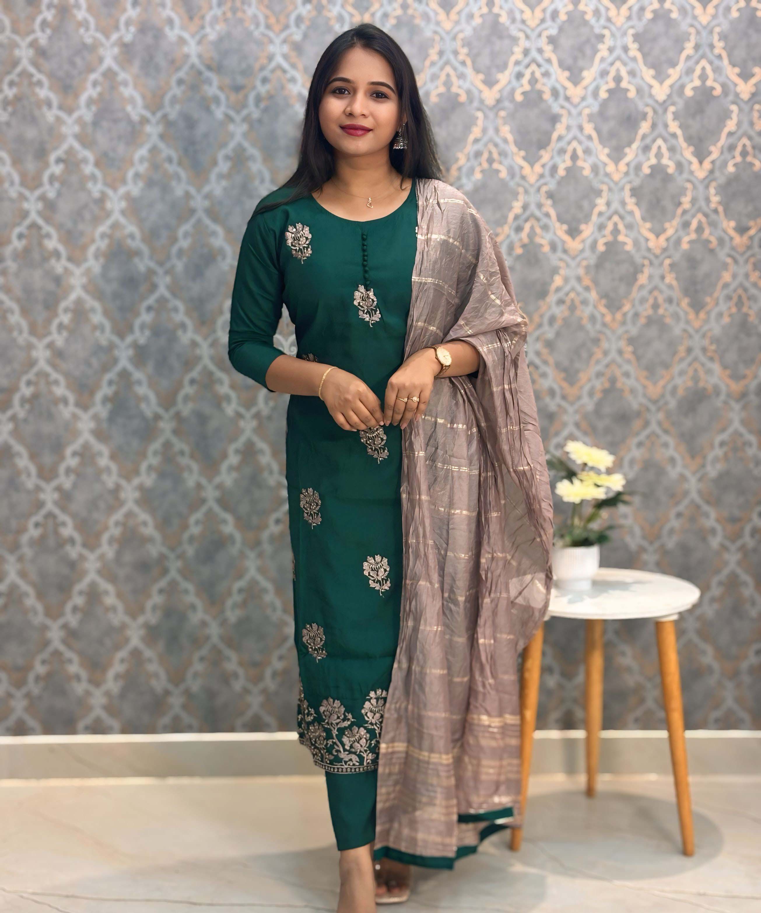 Deep Bottle Green and Beige Color with Floral Embroidery 3 Piece Salwar Set / ESS343
