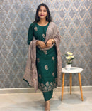 Deep Bottle Green and Beige Color with Floral Embroidery 3 Piece Salwar Set / ESS343