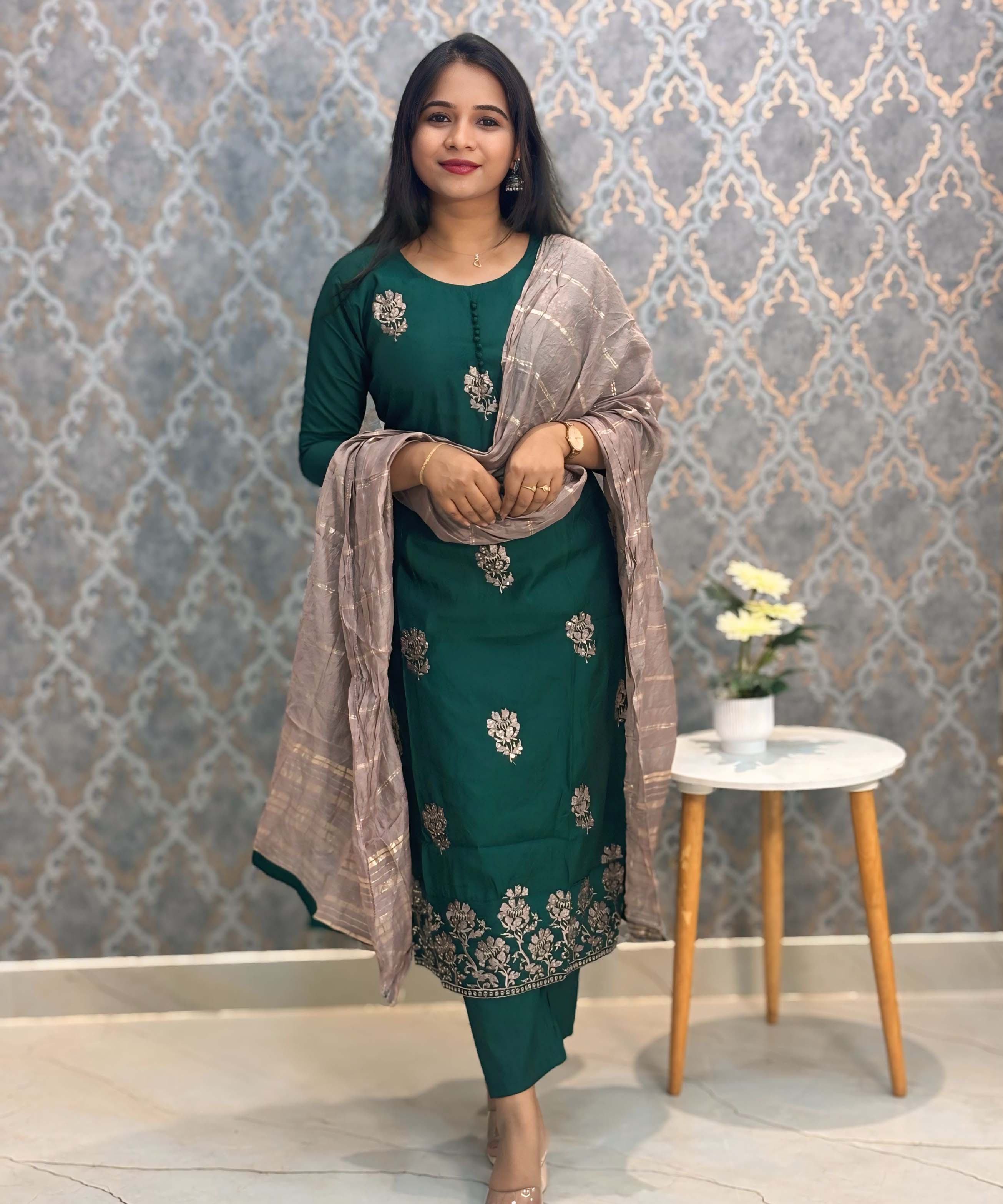 Deep Bottle Green and Beige Color with Floral Embroidery 3 Piece Salwar Set / ESS343