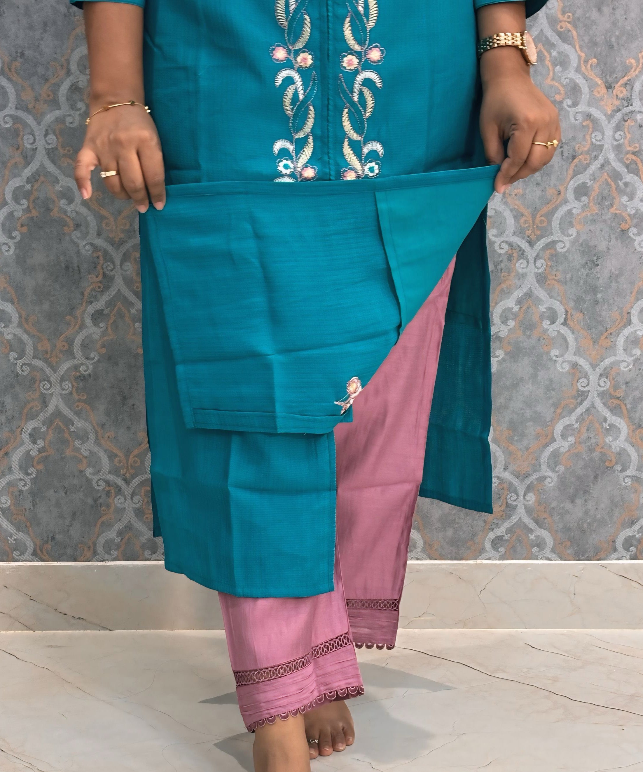 Rama Green and Pink Color Designer Casual 3 Piece Salwar Set with Lining /  ESS393