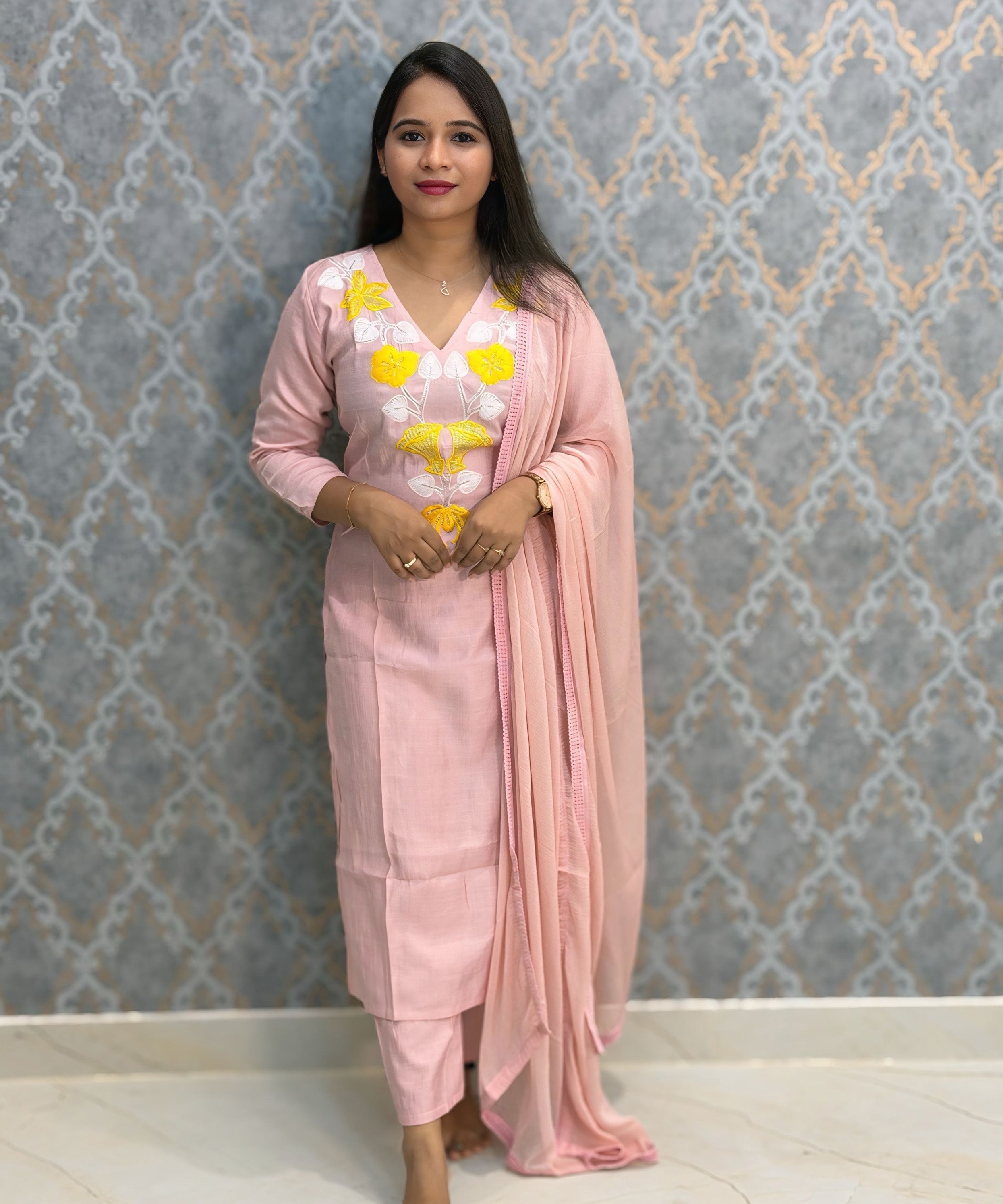 Pink and Yellow Color Designer Casual 3 Piece Salwar Set /  ESS393