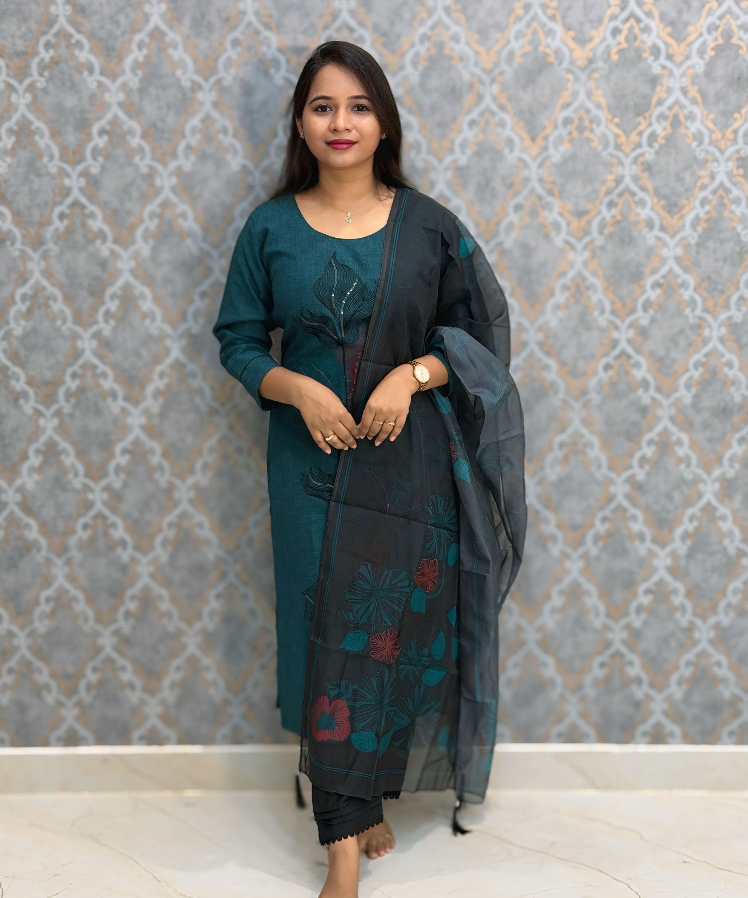 Peacock Green Color Designer Casual 3 Piece Salwar Set with Lining /  ESS389