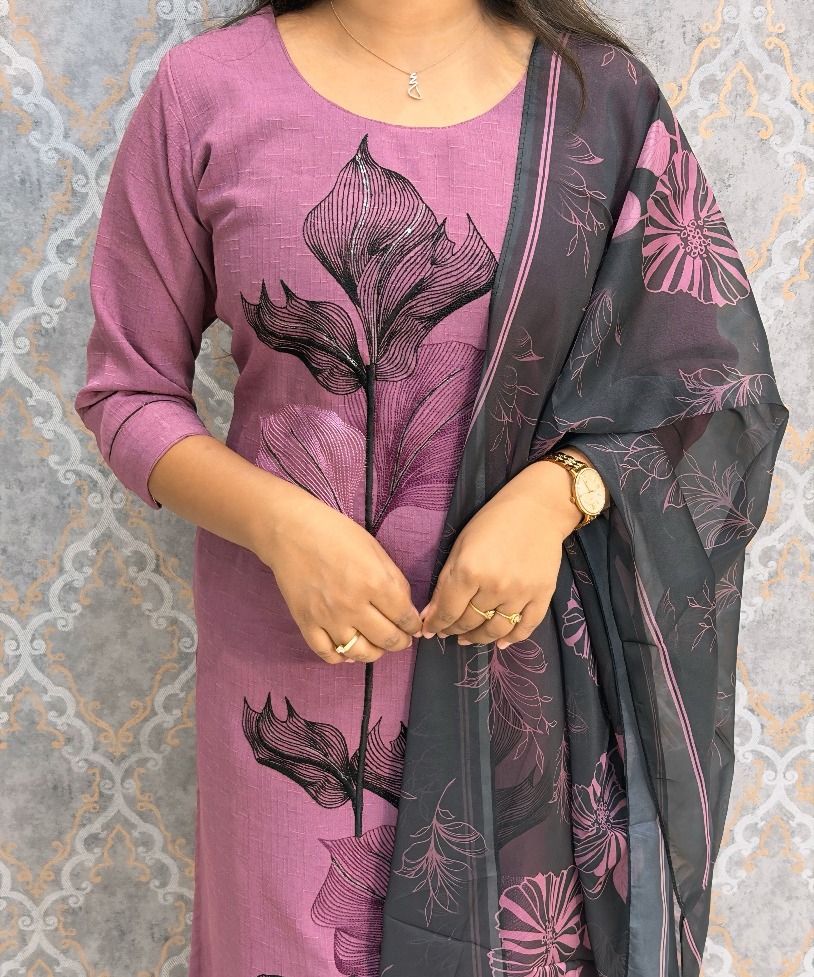 Purple Color Designer Casual 3 Piece Salwar Set with Lining /  ESS389