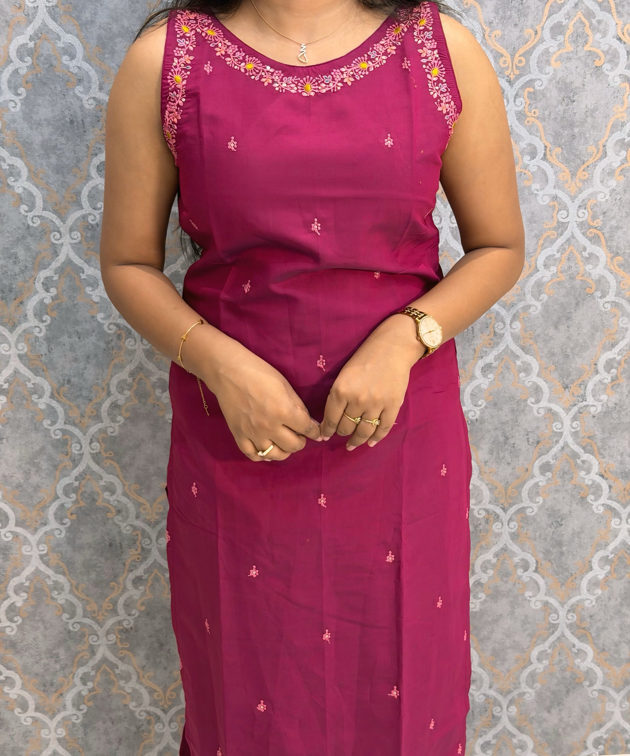 Dark Pink and Yellow Color Designer Ethnic 3 Piece Salwar Set with Lining (With Sleeves) /  ESS394