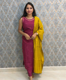 Dark Pink and Yellow Color Designer Ethnic 3 Piece Salwar Set with Lining (With Sleeves) /  ESS394