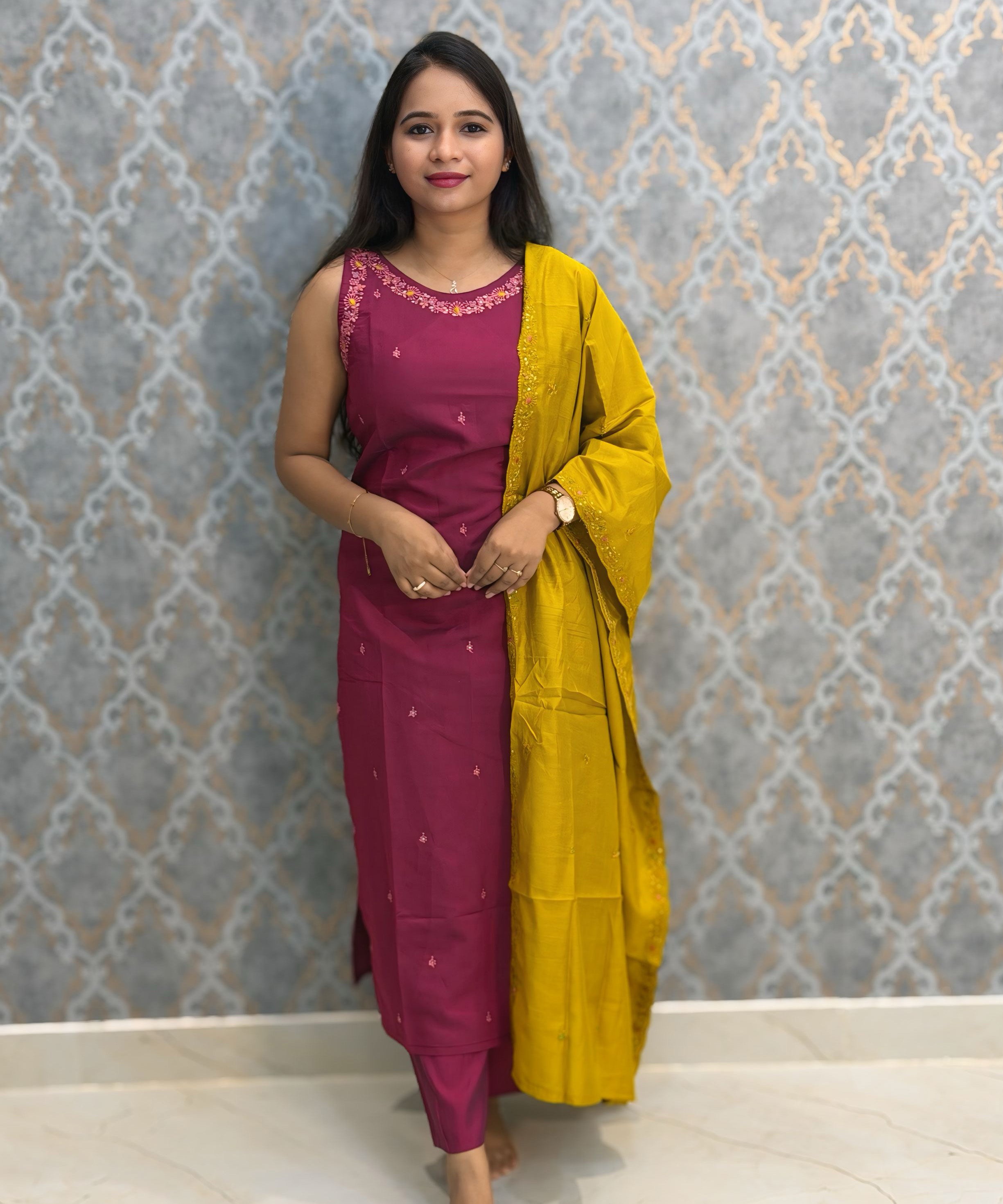 Dark Pink and Yellow Color Designer Ethnic 3 Piece Salwar Set with Lining (With Sleeves) /  ESS394