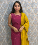 Dark Pink and Yellow Color Designer Ethnic 3 Piece Salwar Set with Lining (With Sleeves) /  ESS394