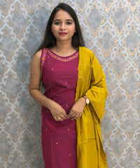 Dark Pink and Yellow Color Designer Ethnic 3 Piece Salwar Set with Lining (With Sleeves) /  ESS394