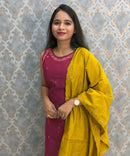 Dark Pink and Yellow Color Designer Ethnic 3 Piece Salwar Set with Lining (With Sleeves) /  ESS394