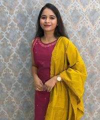 Dark Pink and Yellow Color Designer Ethnic 3 Piece Salwar Set with Lining (With Sleeves) /  ESS394