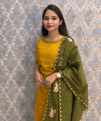Mustard Yellow and Green Color Designer Ethnic 3 Piece Salwar Set with Lining (With Sleeves) /  ESS394