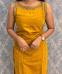 Mustard Yellow and Green Color Designer Ethnic 3 Piece Salwar Set with Lining (With Sleeves) /  ESS394