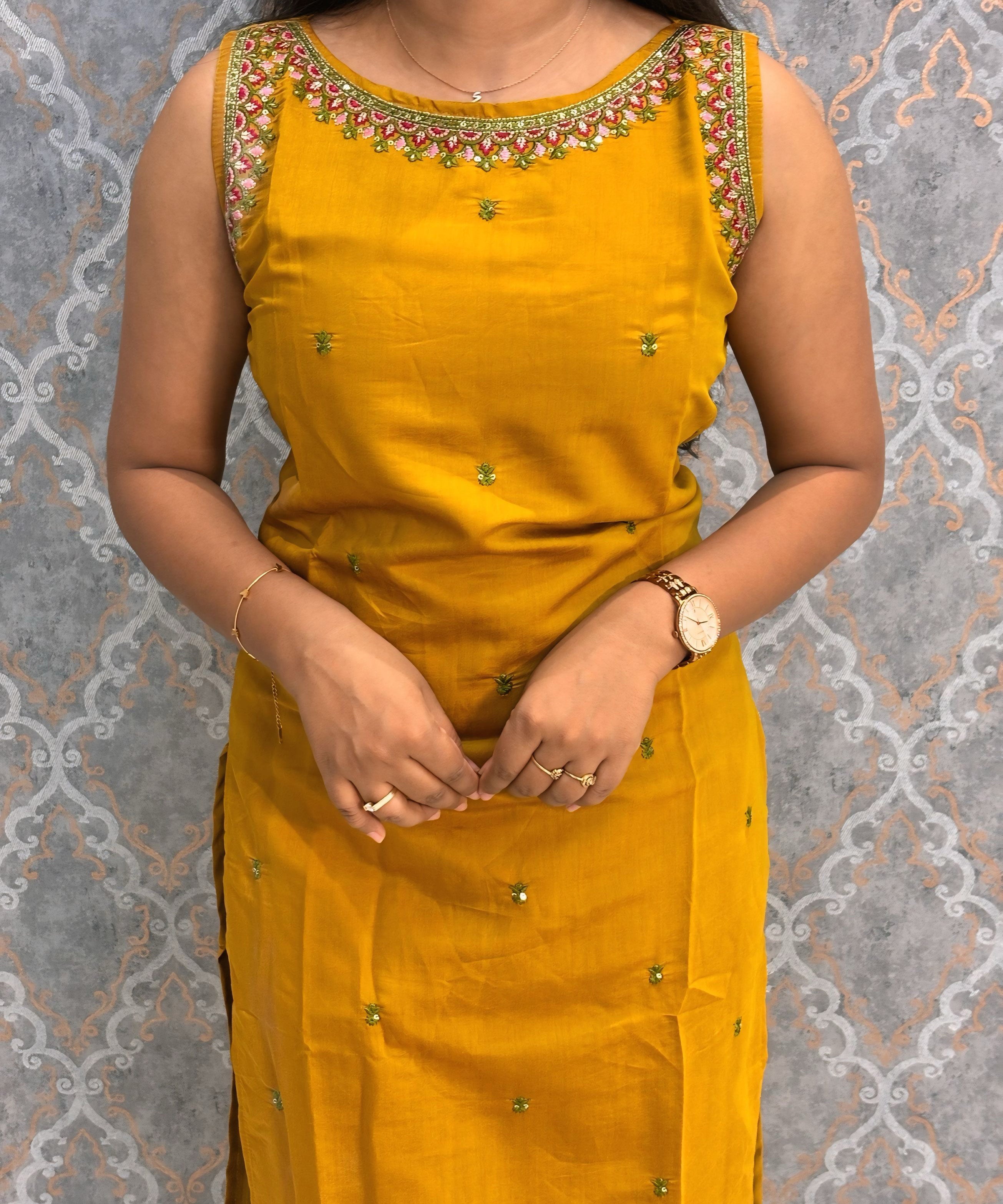 Mustard Yellow and Green Color Designer Ethnic 3 Piece Salwar Set with Lining (With Sleeves) /  ESS394