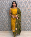 Mustard Yellow and Green Color Designer Ethnic 3 Piece Salwar Set with Lining (With Sleeves) /  ESS394
