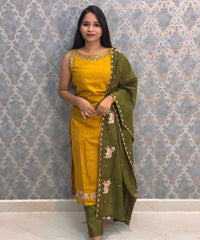 Mustard Yellow and Green Color Designer Ethnic 3 Piece Salwar Set with Lining (With Sleeves) /  ESS394