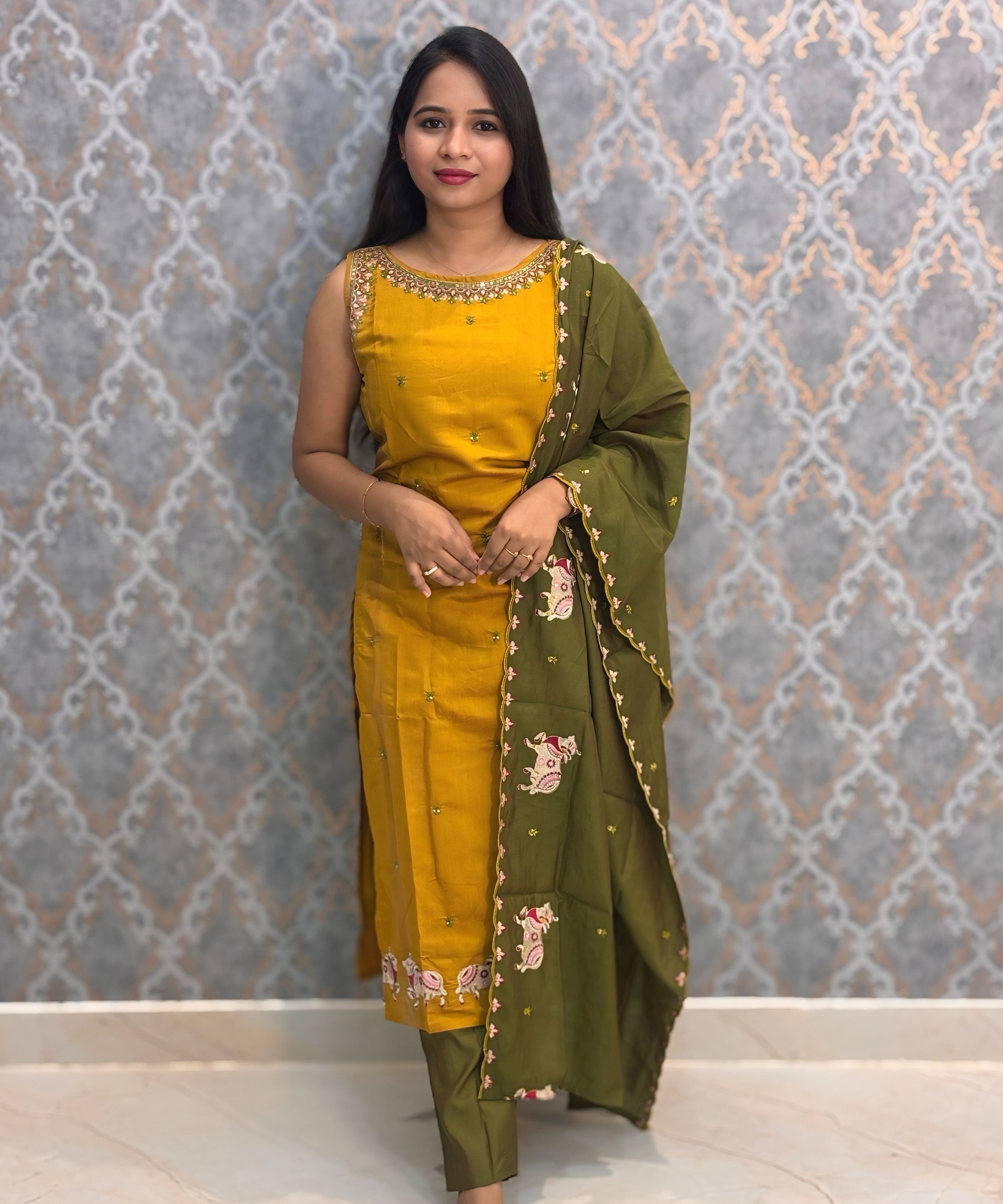 Mustard Yellow and Green Color Designer Ethnic 3 Piece Salwar Set with Lining (With Sleeves) /  ESS394