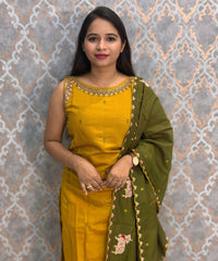 Mustard Yellow and Green Color Designer Ethnic 3 Piece Salwar Set with Lining (With Sleeves) /  ESS394