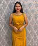 Mustard Yellow and Green Color Designer Ethnic 3 Piece Salwar Set with Lining (With Sleeves) /  ESS394